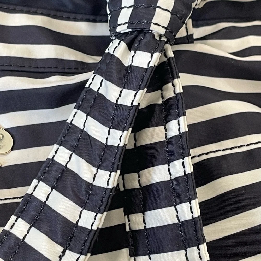 Kate Spade New York Hana Flatiron Nylon Tote Purse Black Ivory Stripe